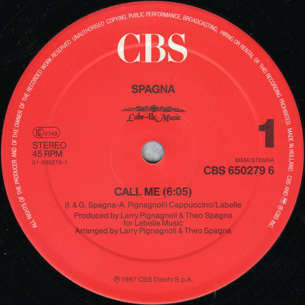 Spagna - Call Me (Maxi-Single, EU, 1987)